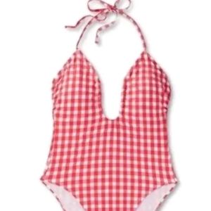 Wild Fable Womens Swimsuit Red Gingham Plaid Cross Halter High Leg